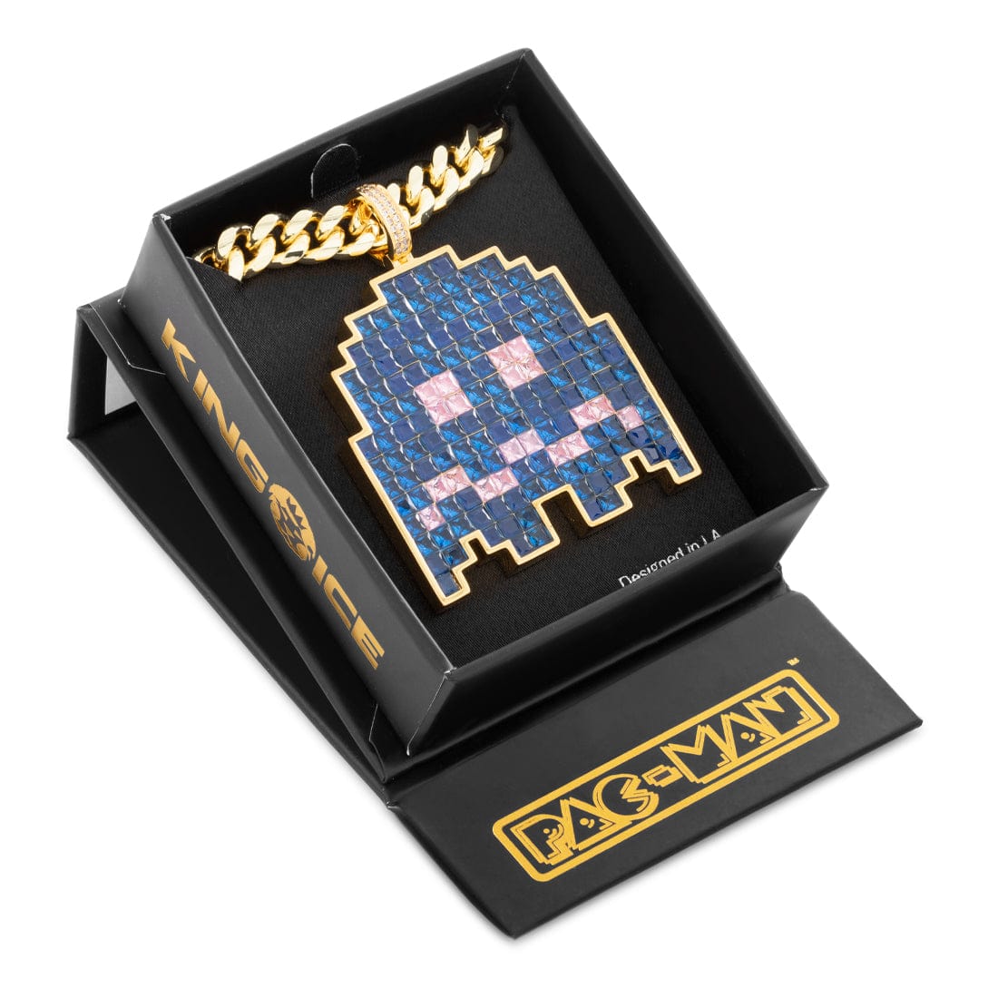 PAC-MAN x King Ice - Pixel Turn-to-Blue Ghost Necklace  in  14K Gold / 2.1" Mens Necklaces