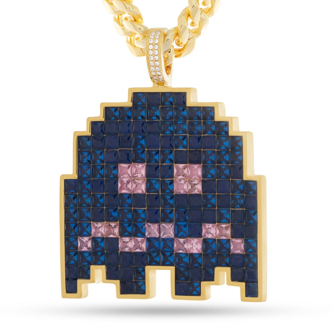 PAC-MAN x King Ice - Pixel Turn-to-Blue Ghost Necklace  in  14K Gold / 2.1" Mens Necklaces