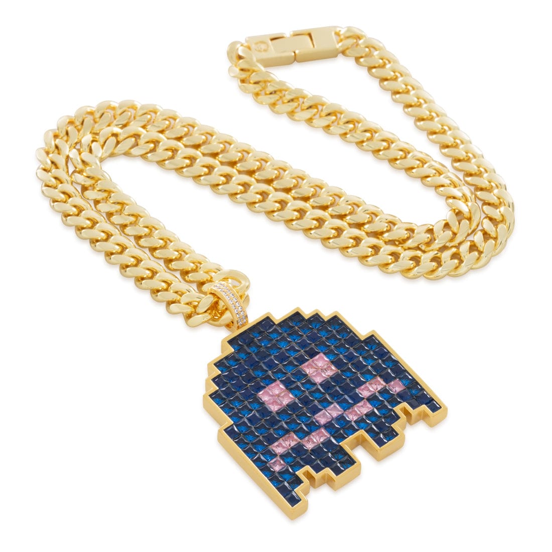 PAC-MAN x King Ice - Pixel Turn-to-Blue Ghost Necklace  in  14K Gold / 2.1" Mens Necklaces