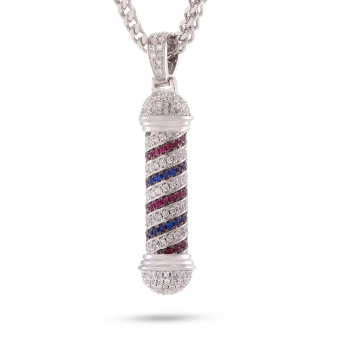 Real 2024 Sterling Silver Barber Shop Pole Simulated Diamond Pendant Charm Chain Set